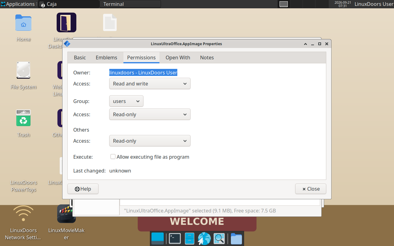 The Permissions tab in Caja, unchecked, showing owner/group/others access plus an Allow executing file as program checkbox
